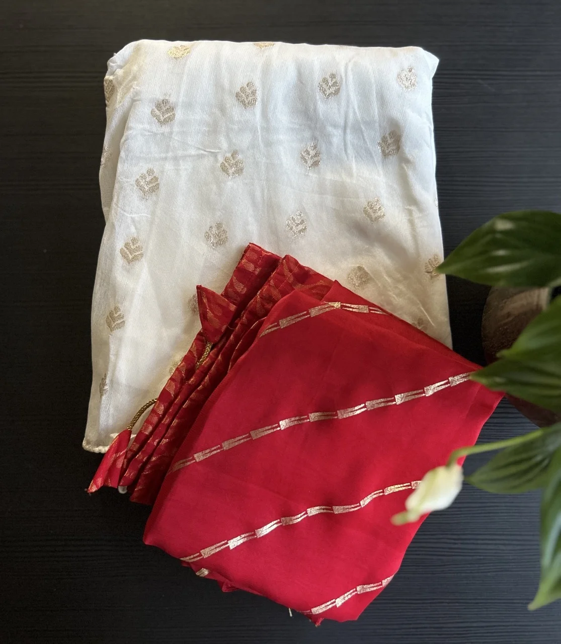 Red Wave Brocade Blouse with White and Gold Motif Fabric and Red and Gold Striped Shawl (Dhavani)