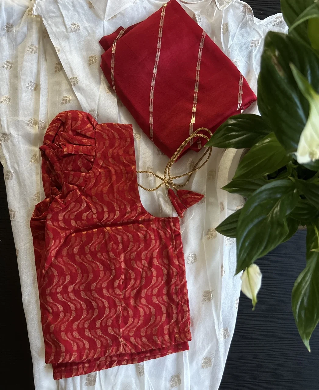 Red Wave Brocade Blouse with White and Gold Motif Fabric and Red and Gold Striped Shawl (Dhavani) - Image 3