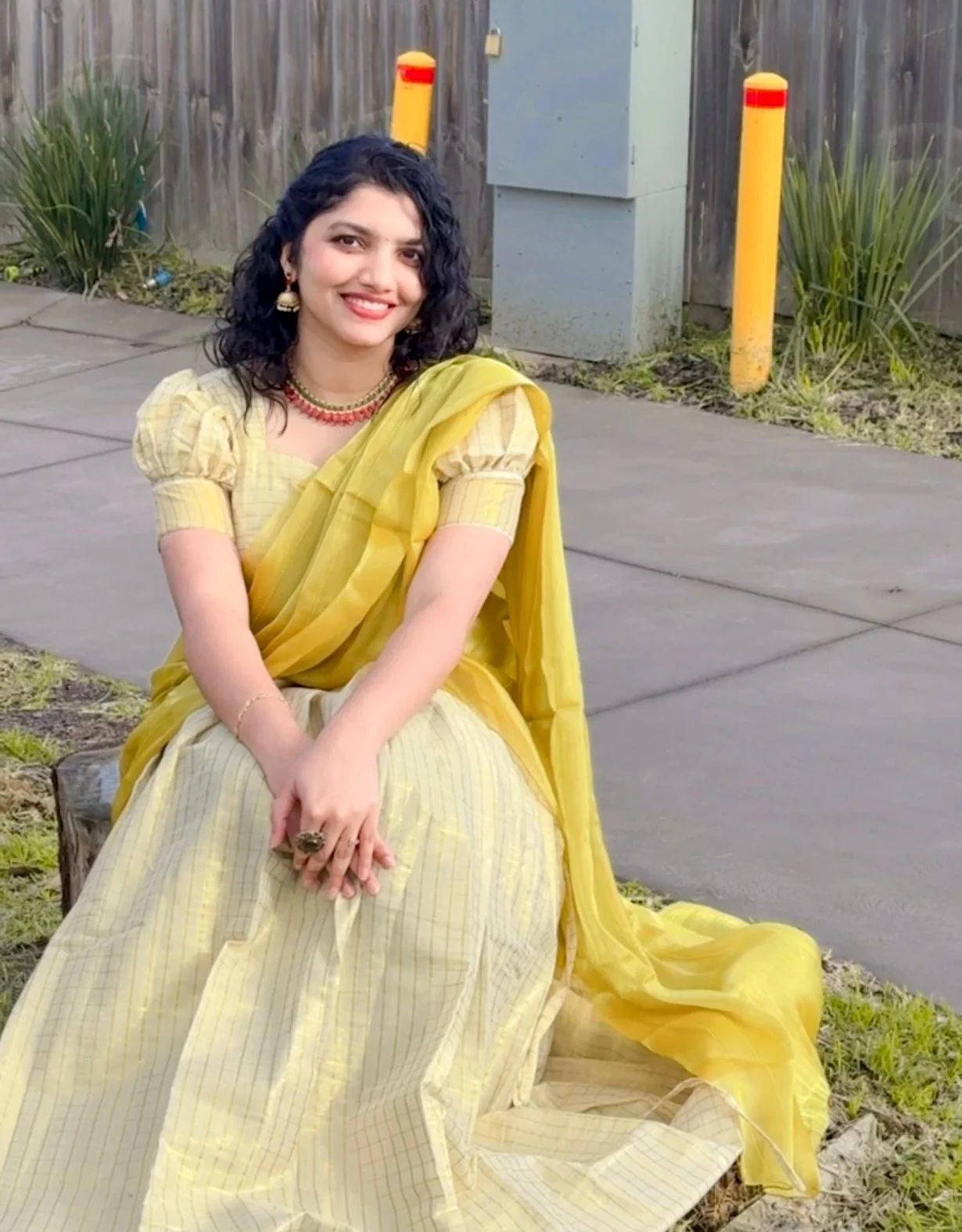 Gold Striped Shawl with White and Gold Checked Dhavani Set