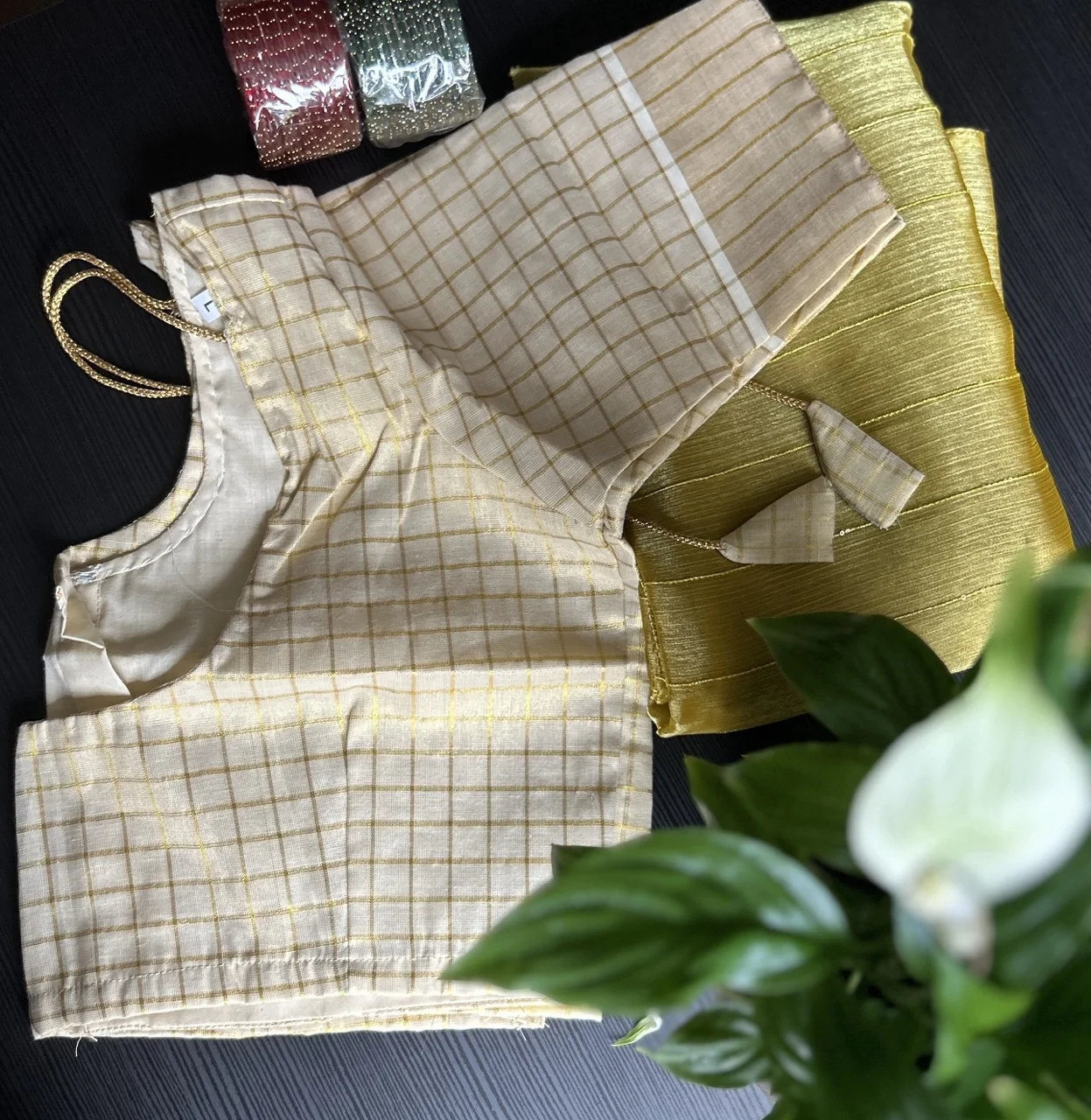 Gold Striped Shawl with White and Gold Checked Dhavani Set - Image 4