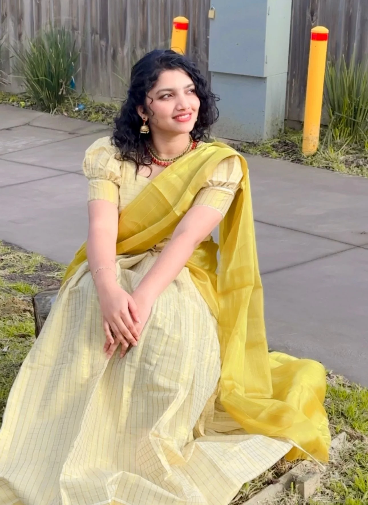 Gold Striped Shawl with White and Gold Checked Dhavani Set - Image 2