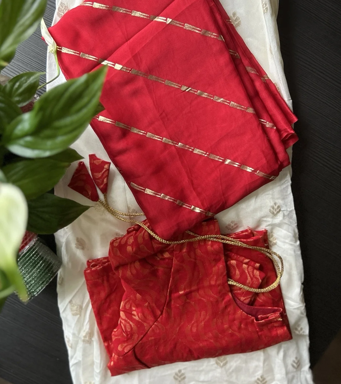 Red and Gold Wave Pattern Brocade Blouse with White and Gold Motif Fabric and Gold Tassels (Dhavani Set) - Image 2