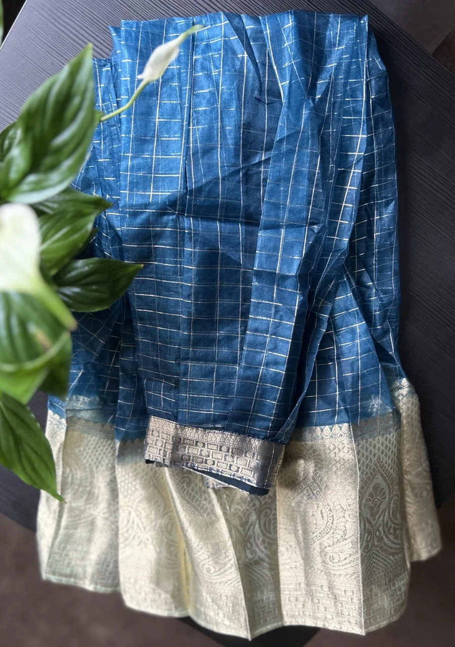  Gold Brocade Blouse with Blue and Silver Checked Skirt and Teal Blue Plain Shawl (Dhavani Set) - Image 2