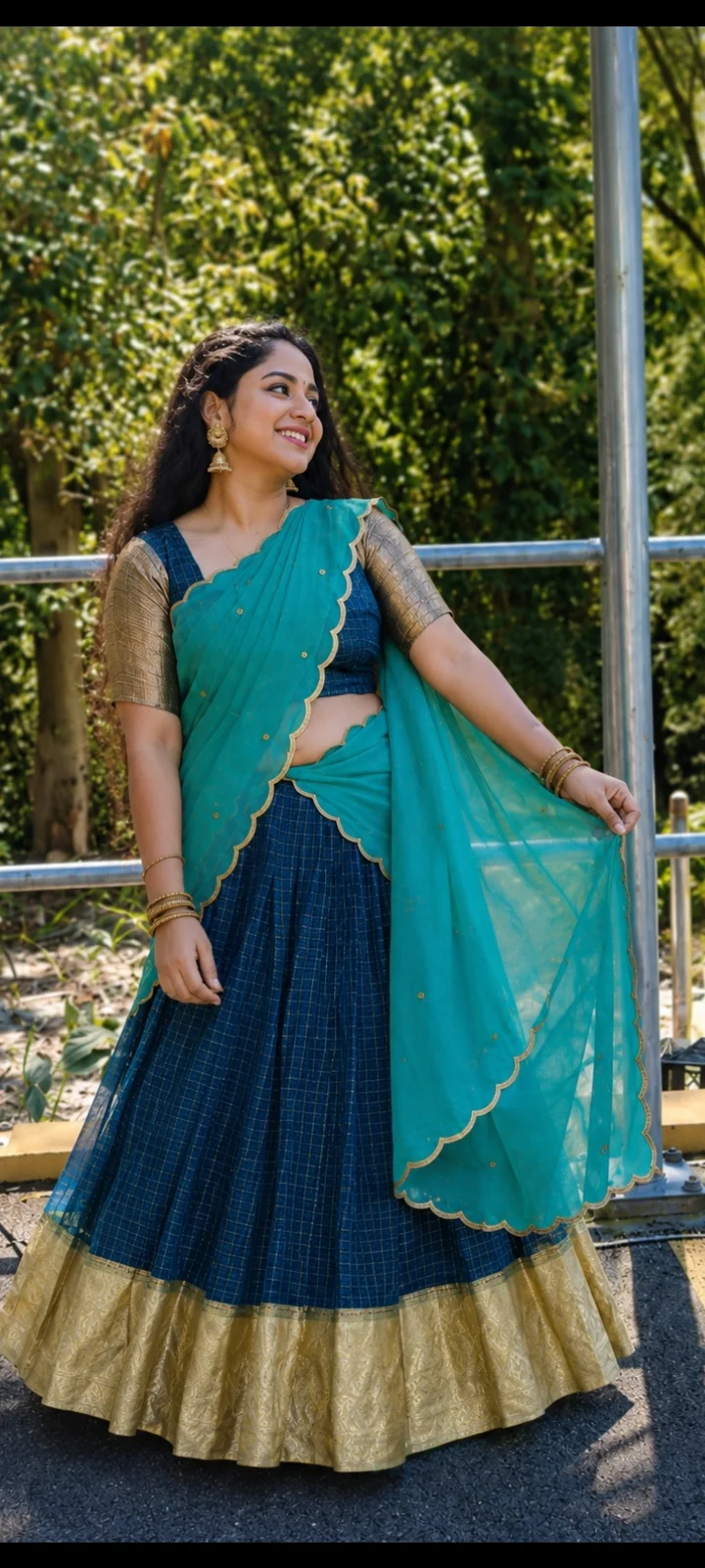  Gold Brocade Blouse with Blue and Silver Checked Skirt and Teal Blue Plain Shawl (Dhavani Set)