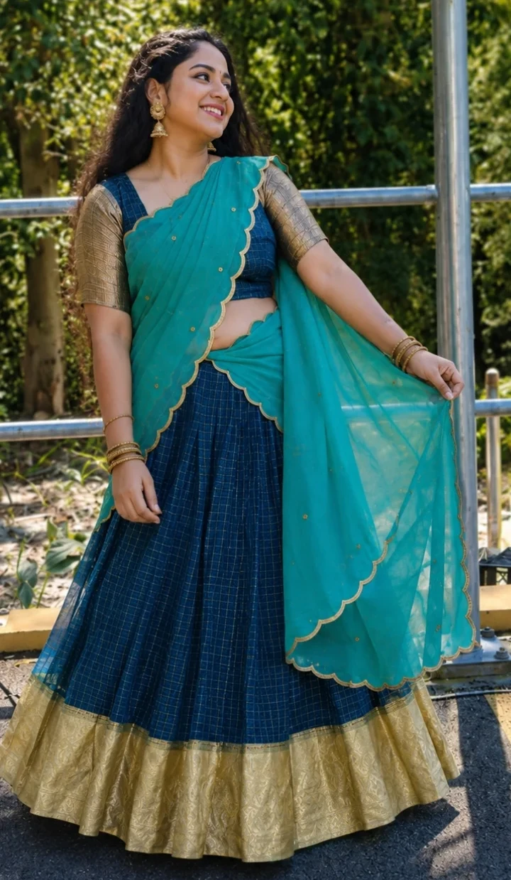  Gold Brocade Blouse with Blue and Silver Checked Skirt and Teal Blue Plain Shawl (Dhavani Set)