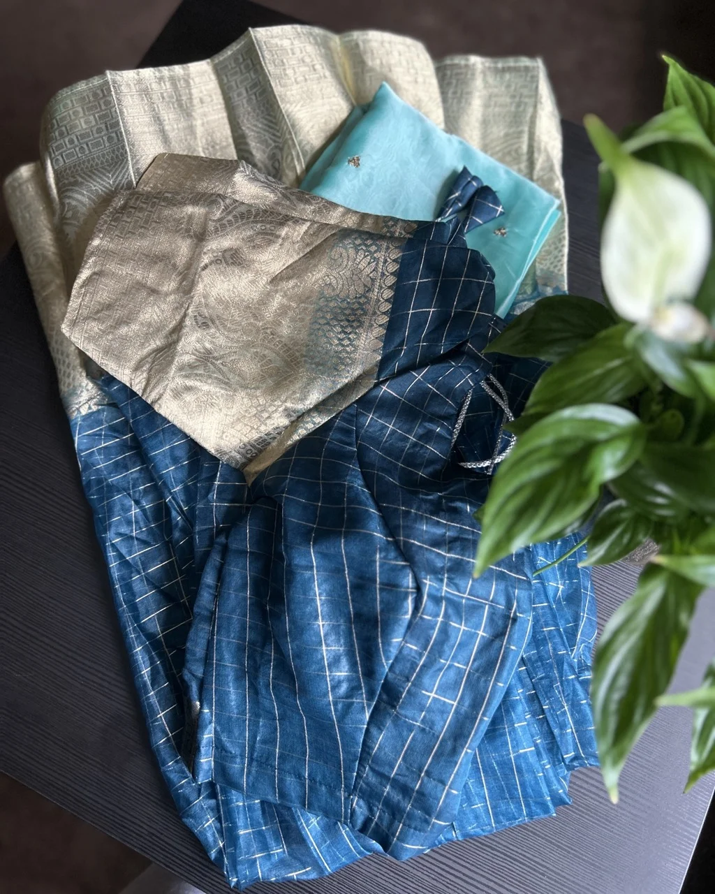  Gold Brocade Blouse with Blue and Silver Checked Skirt and Teal Blue Plain Shawl (Dhavani Set) - Image 3