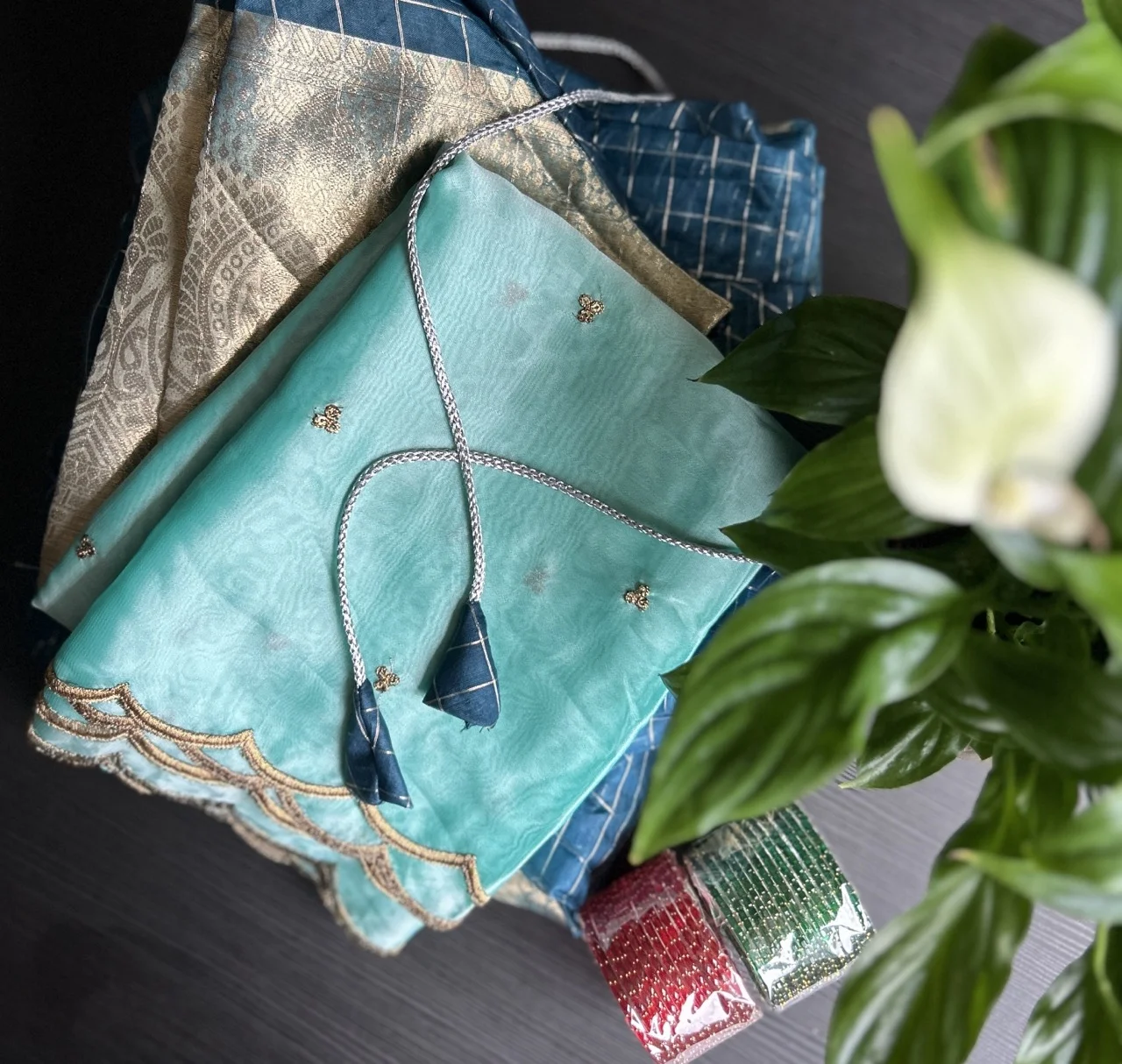  Gold Brocade Blouse with Blue and Silver Checked Skirt and Teal Blue Plain Shawl (Dhavani Set)