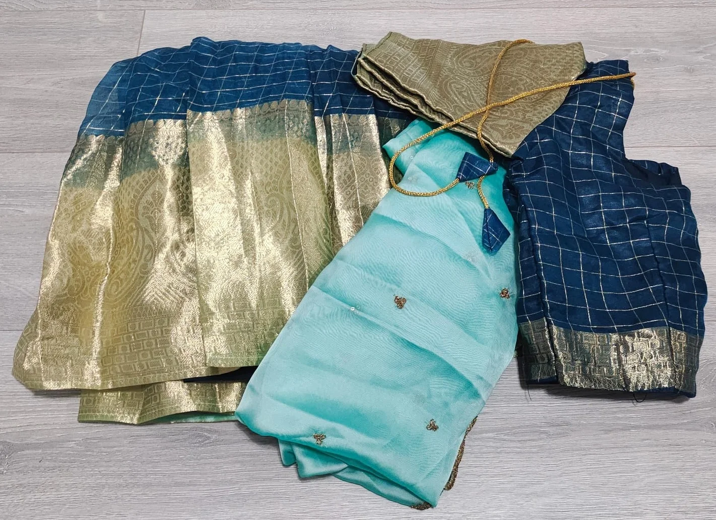  Gold Brocade Blouse with Blue and Silver Checked Skirt and Teal Blue Plain Shawl (Dhavani Set) - Image 4