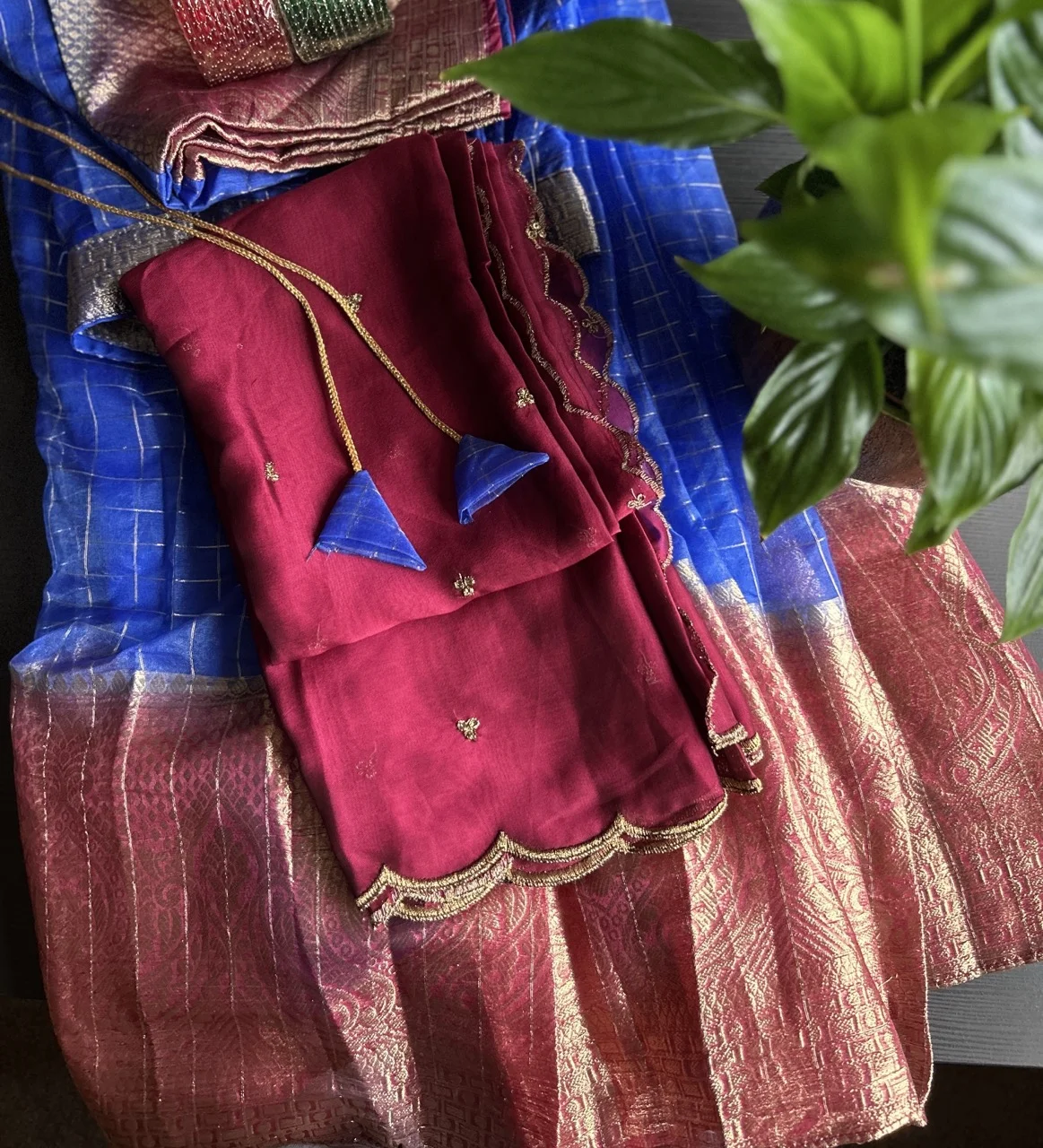  Maroon Scalloped Blouse with Blue and Gold Checked Skirt and Red and Gold Brocade Shawl (Dhavani Set) - Image 2