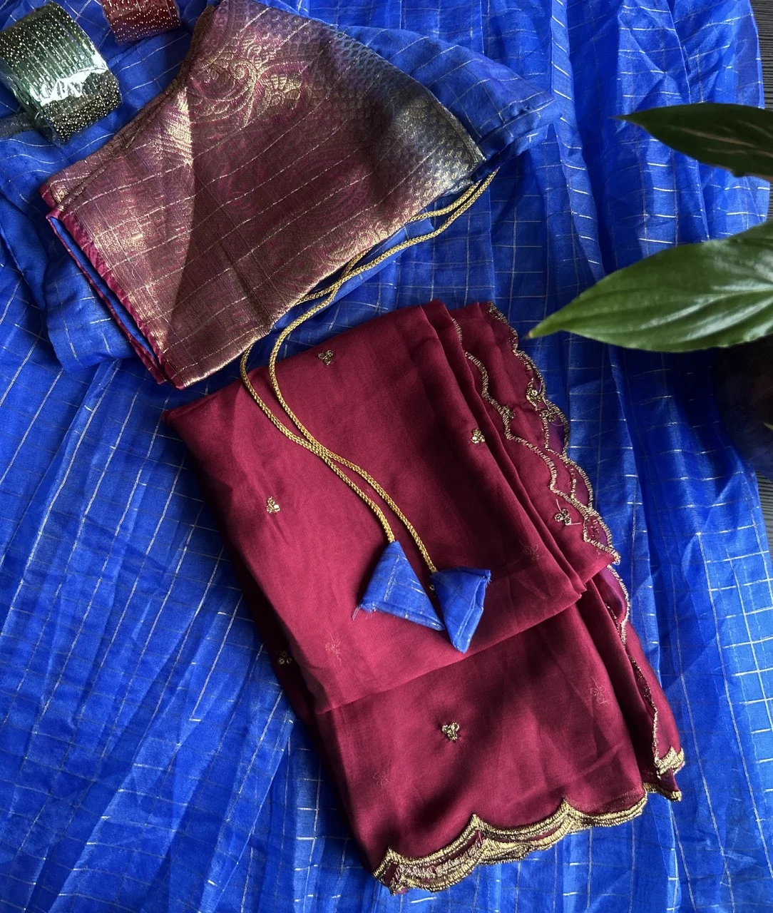  Maroon Scalloped Blouse with Blue and Gold Checked Skirt and Red and Gold Brocade Shawl (Dhavani Set)