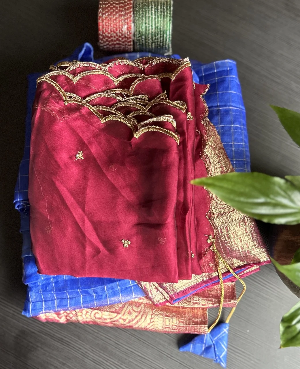  Maroon Scalloped Blouse with Blue and Gold Checked Skirt and Red and Gold Brocade Shawl (Dhavani Set) - Image 3