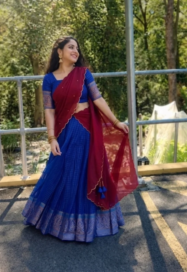  Maroon Scalloped Blouse with Blue and Gold Checked Skirt and Red and Gold Brocade Shawl (Dhavani Set) - Image 4