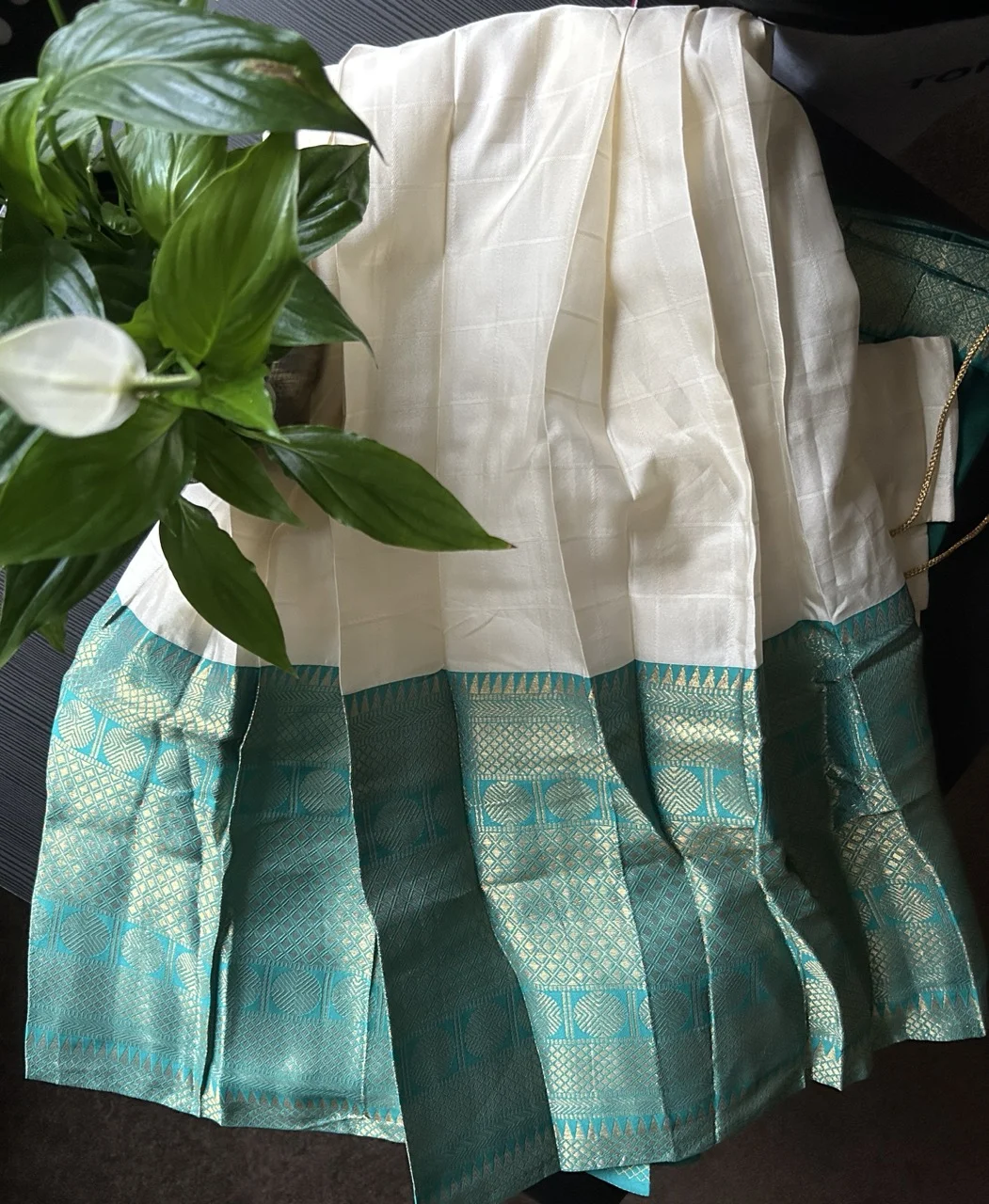 Cream Checked Blouse with Green Skirt and Green Brocade Shawl (Dhavani Set) - Image 3