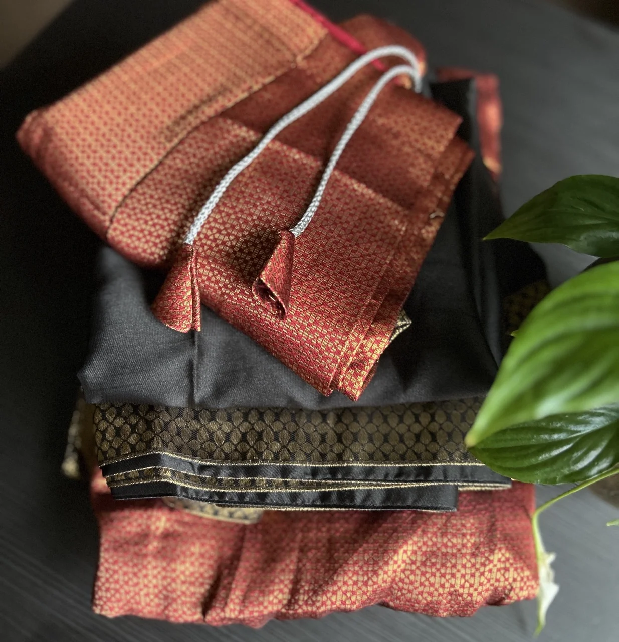 Red Brocade Top with Red Brocade Skirt and Black and Gold Bordered Shawl (Dhavani Set)
