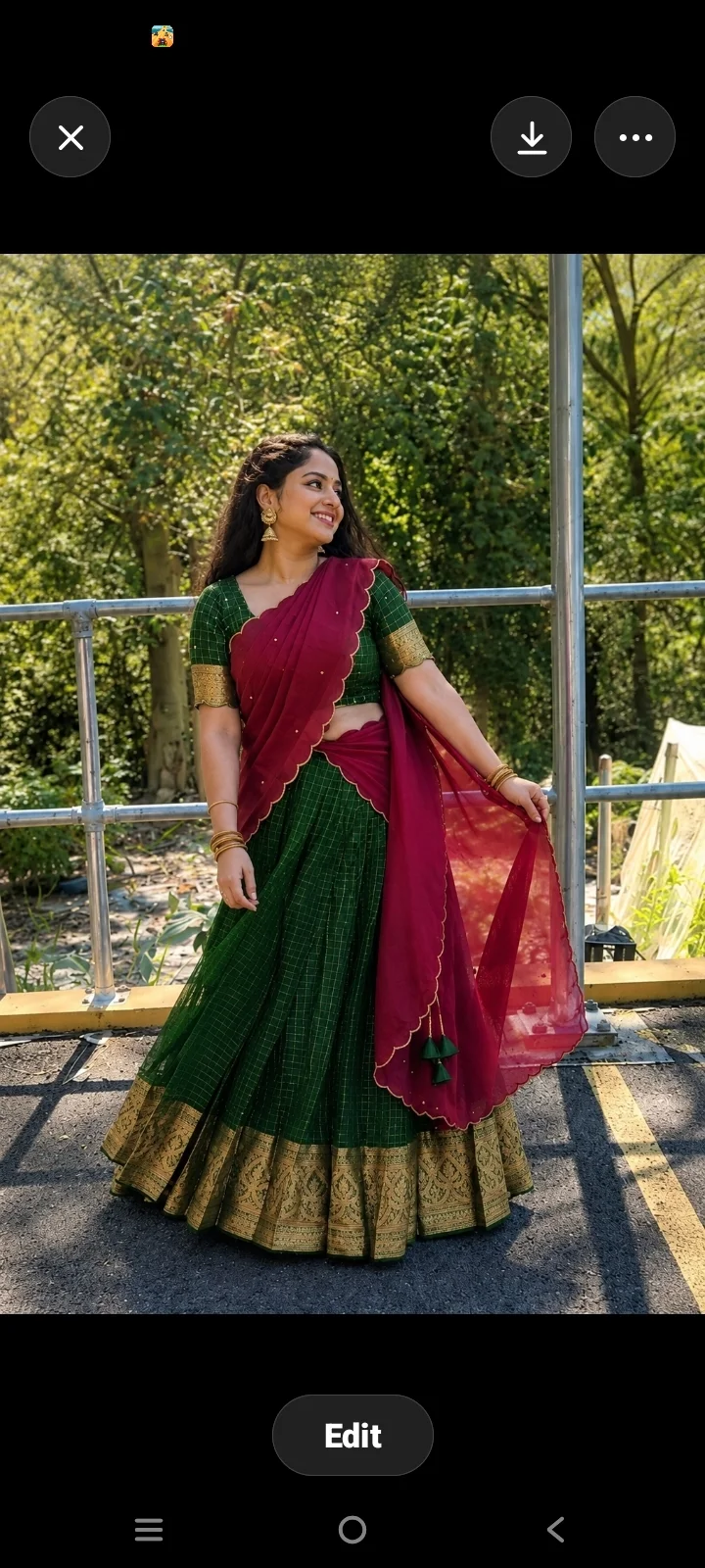 Maroon Embroidered Blouse with Green Checked Skirt and Rust Striped Shawl (Dhavani Set)