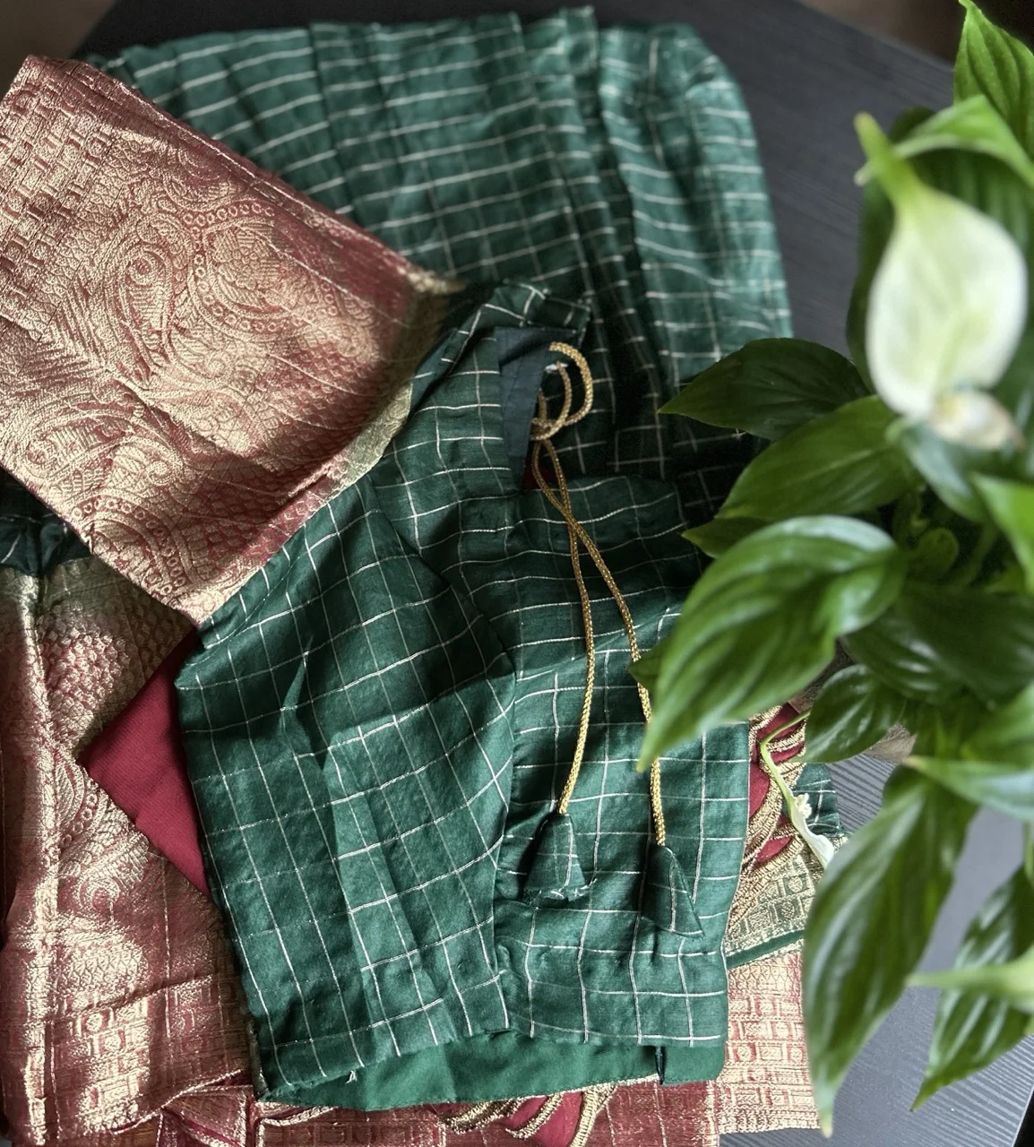 Maroon Embroidered Blouse with Green Checked Skirt and Rust Striped Shawl (Dhavani Set) - Image 3