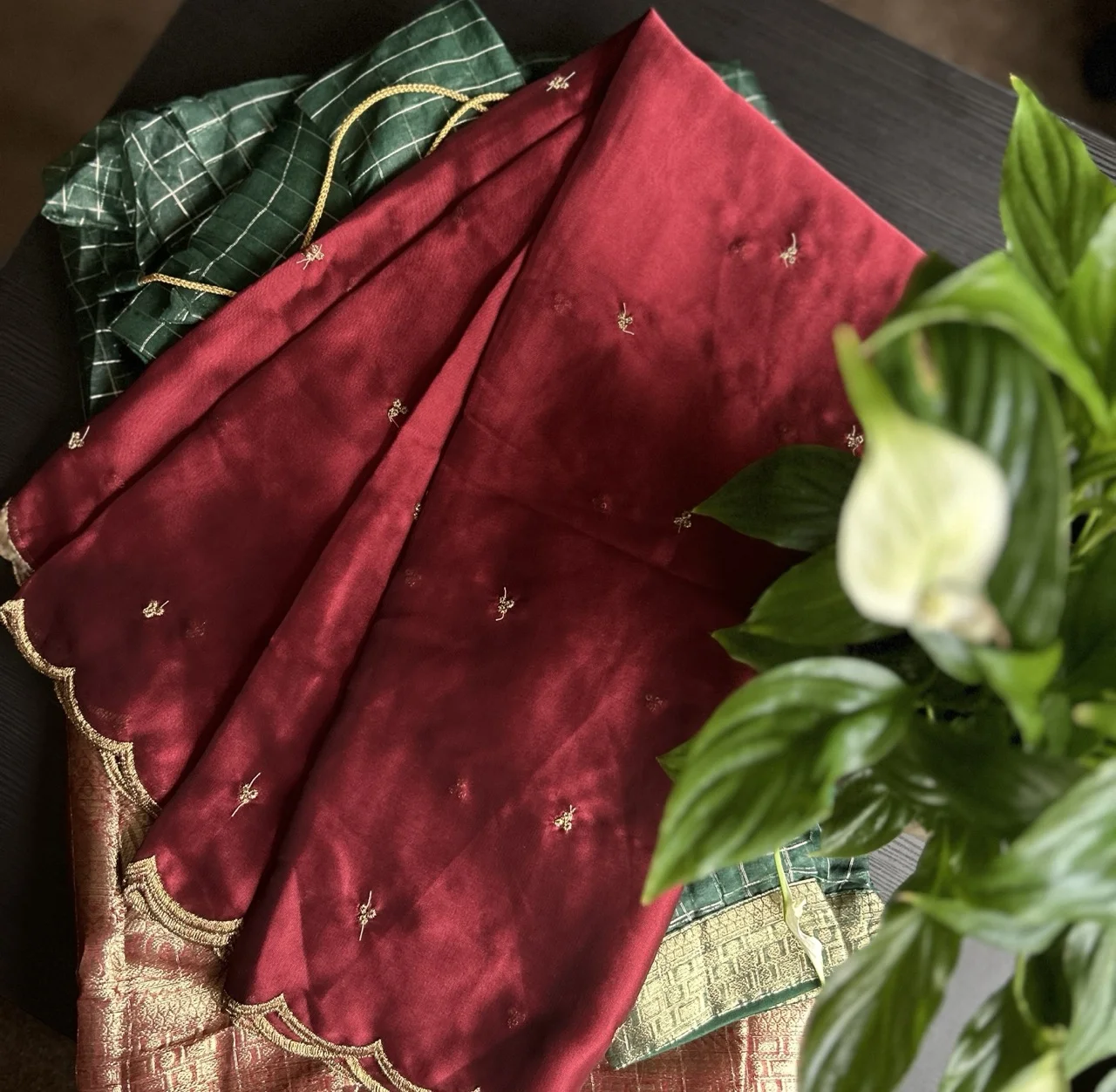 Maroon Embroidered Blouse with Green Checked Skirt and Rust Striped Shawl (Dhavani Set)