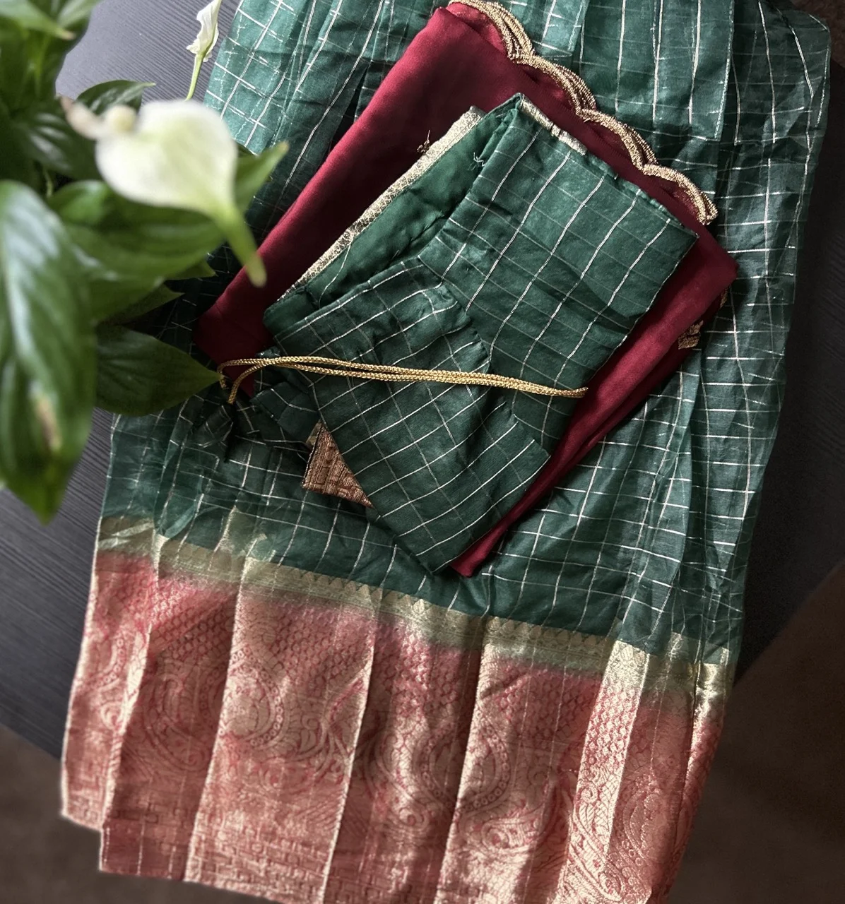 Maroon Embroidered Blouse with Green Checked Skirt and Rust Striped Shawl (Dhavani Set) - Image 4