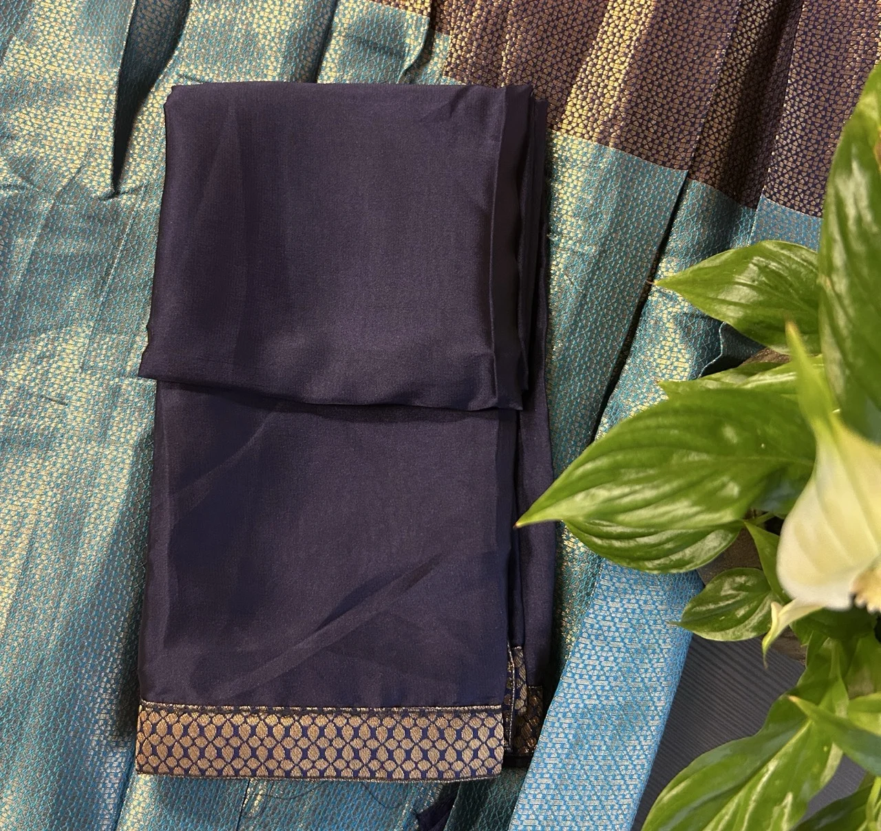 Teal Brocade Blouse with Navy Blue Skirt and Navy Blue Shawl (Dhavani Set) - Image 2