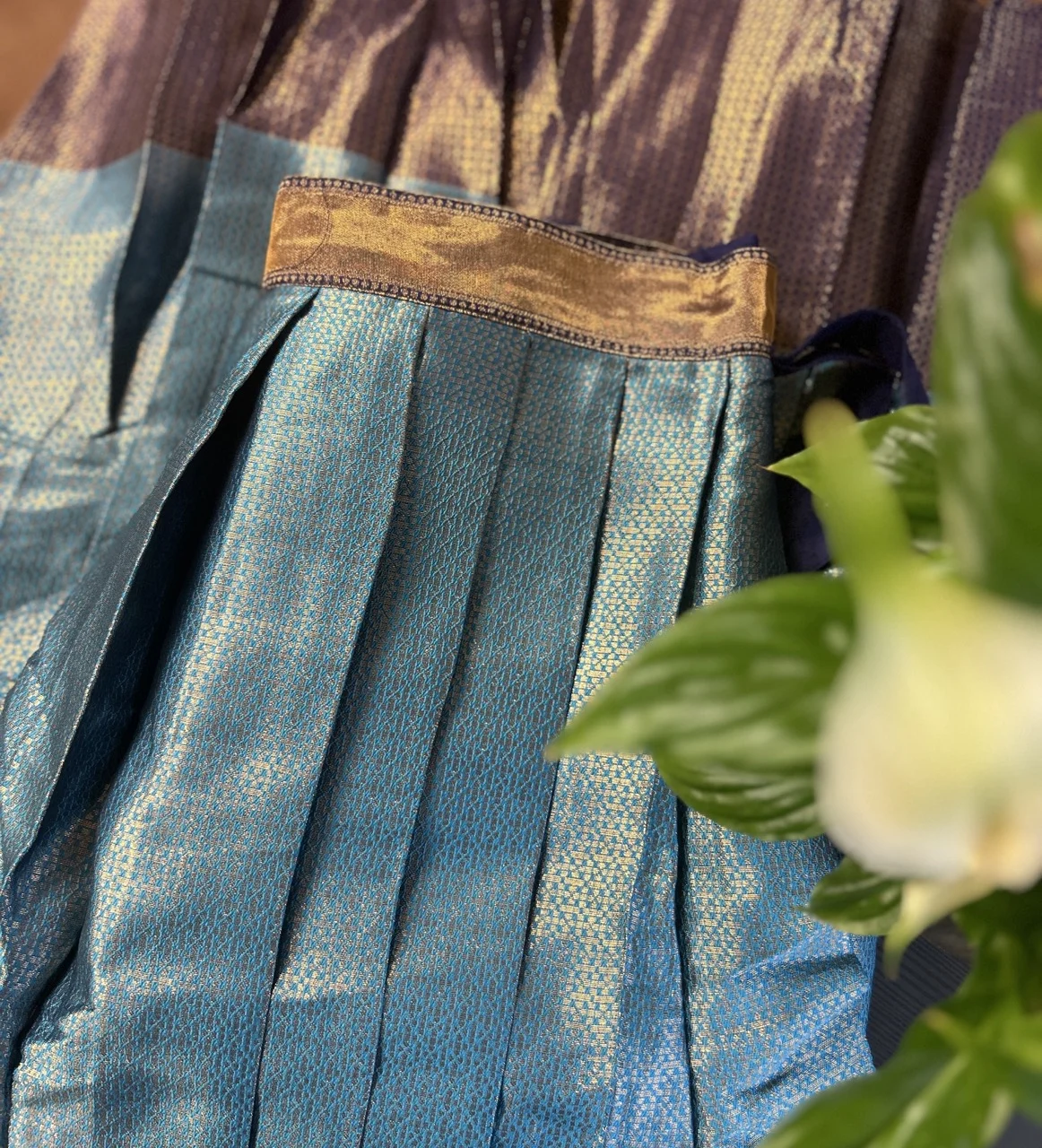 Teal Brocade Blouse with Navy Blue Skirt and Navy Blue Shawl (Dhavani Set) - Image 3