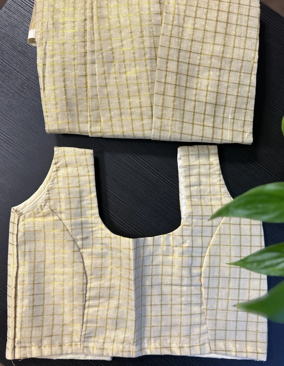 Kids Cream and Gold Checked Blouse with Cream and Gold Checked Skirt - Image 2