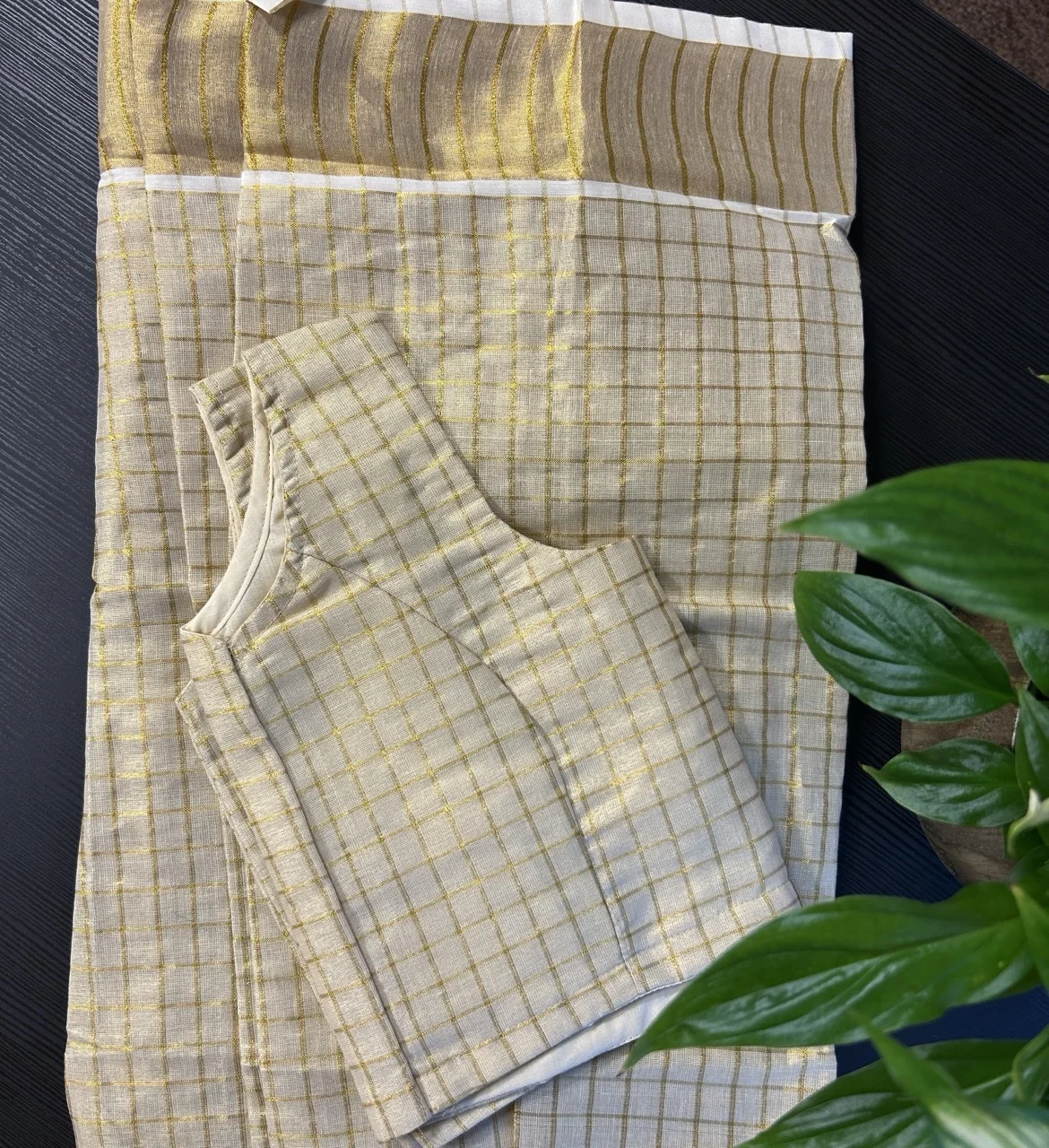 Kids Cream and Gold Checked Blouse with Cream and Gold Checked Skirt