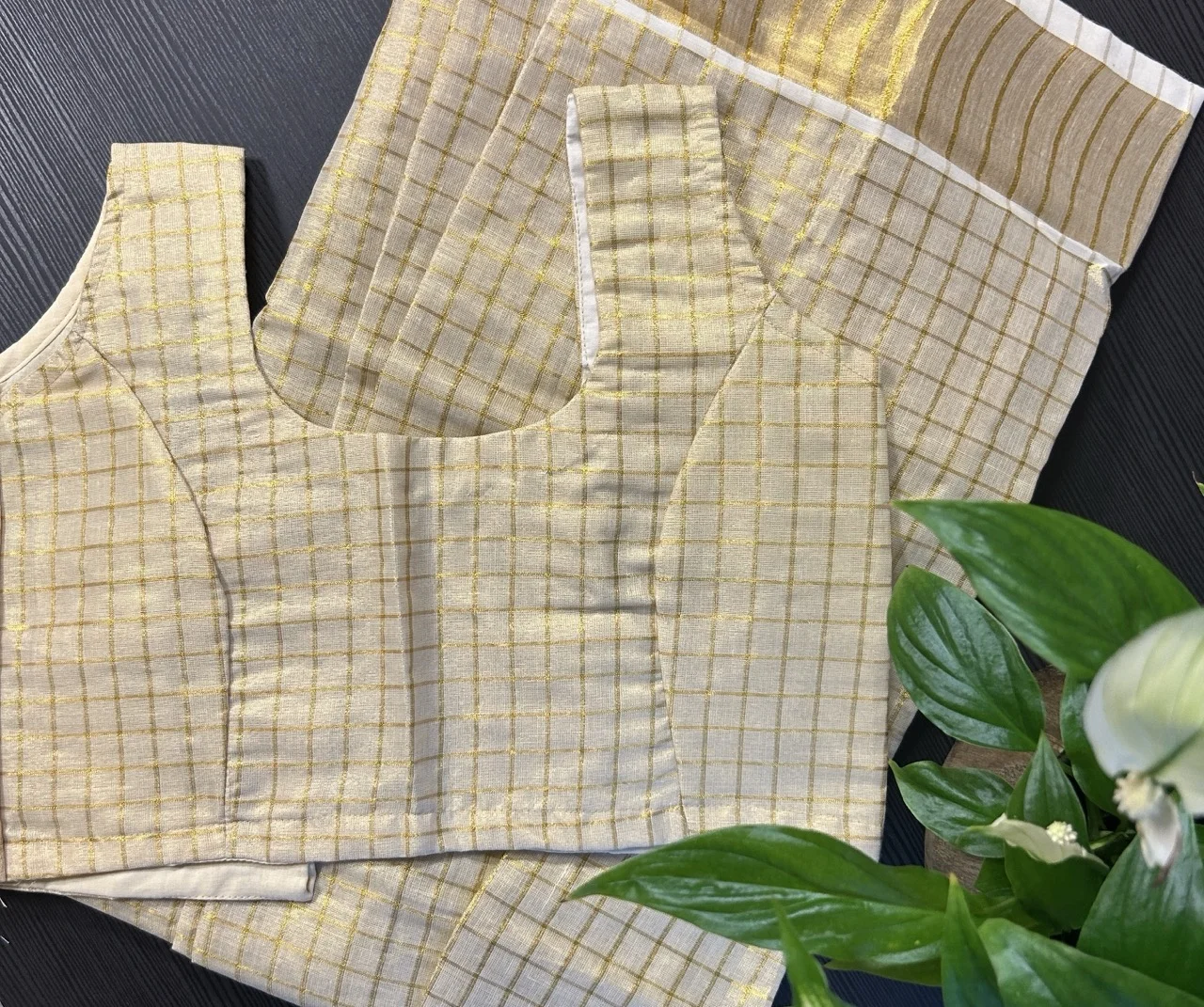 Kids Cream and Gold Checked Blouse with Cream and Gold Checked Skirt - Image 3