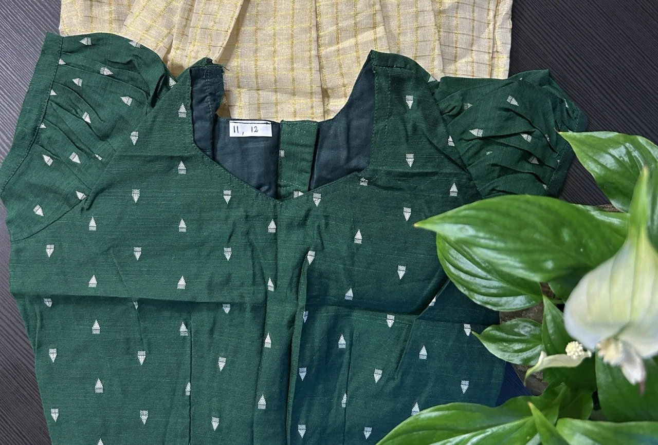Kids Green Embroidered Top with Ruffled Sleeves and Cream and Gold Checked Skirt - Image 2