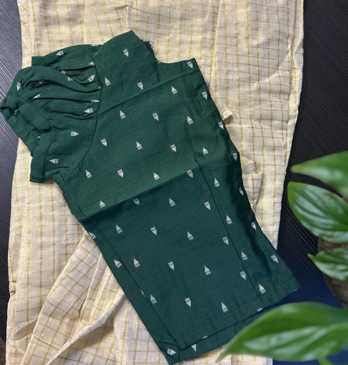 Kids Green Embroidered Top with Ruffled Sleeves and Cream and Gold Checked Skirt