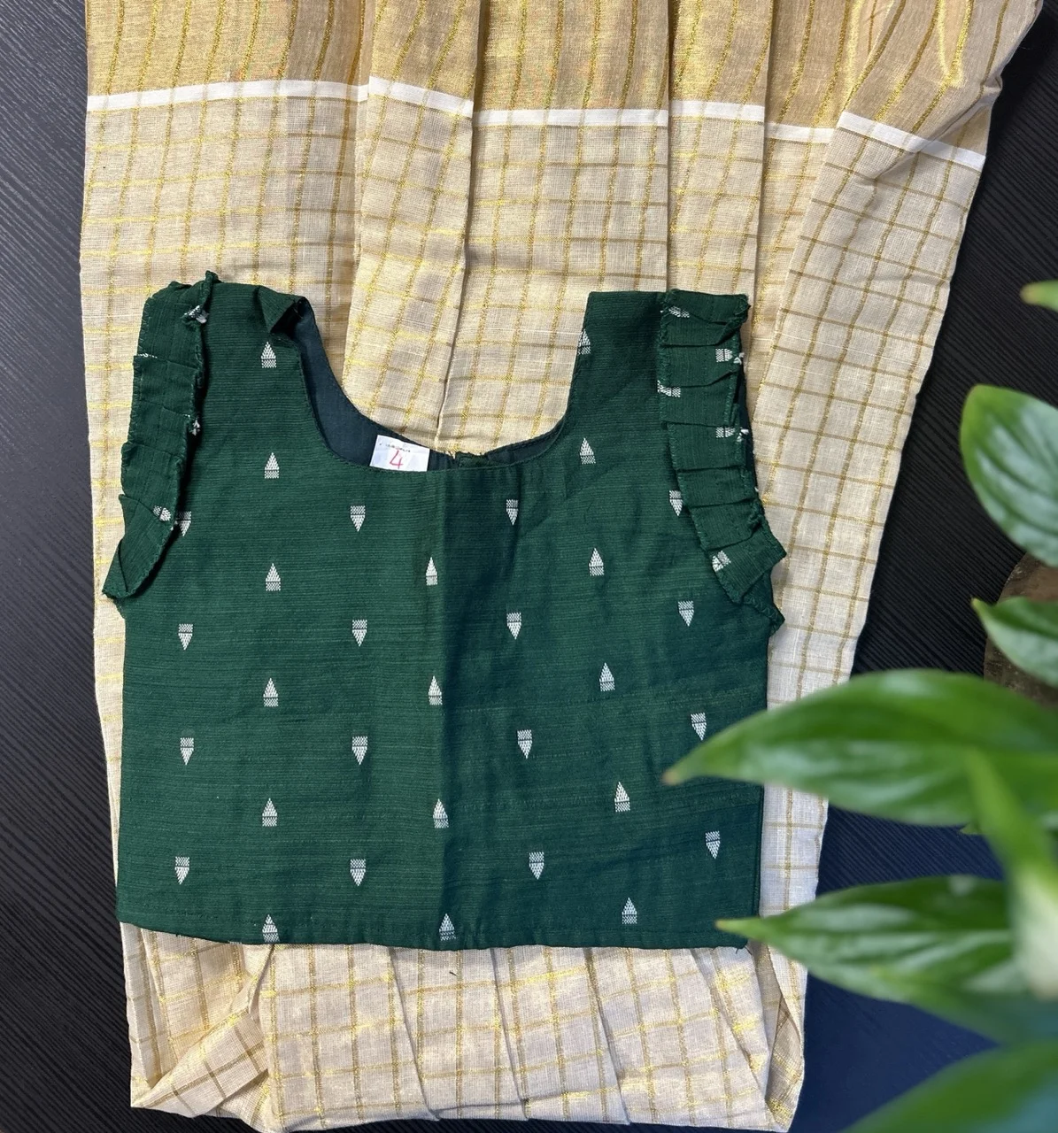 Kids Green Embroidered Top with Ruffled Sleeves and Cream and Gold Checked Skirt - Image 4