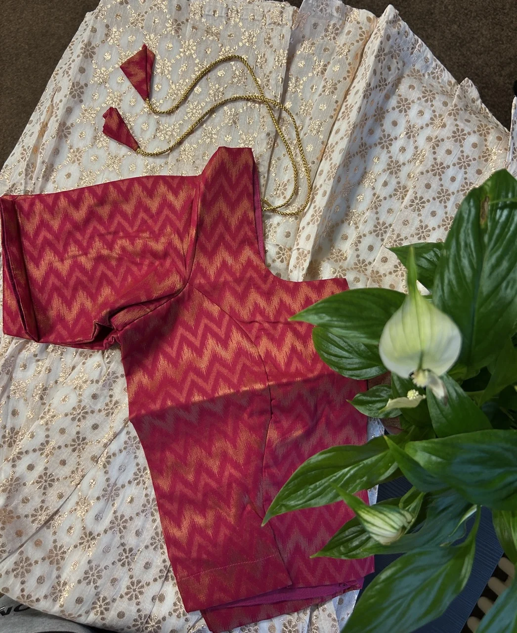  Fuchsia Pink and Gold Chevron Blouse with Cream and Gold Embroidered Skirt
