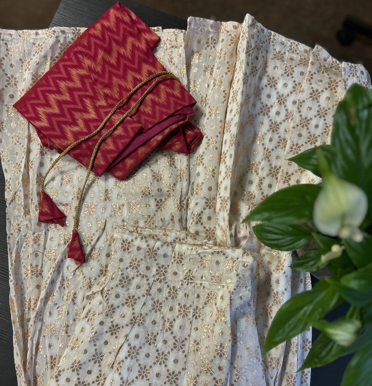  Fuchsia Pink and Gold Chevron Blouse with Cream and Gold Embroidered Skirt - Image 2