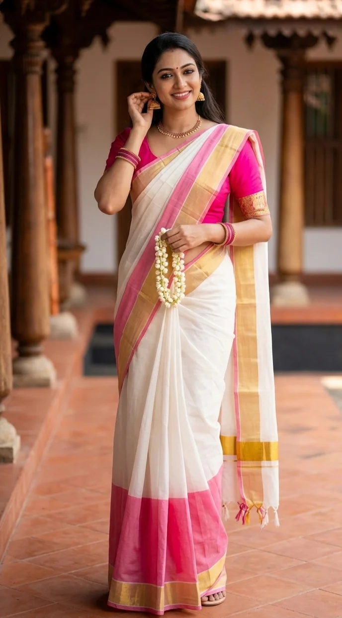 Pink Kasavu Saree with Gold Zari Border and Pink and White Tassels