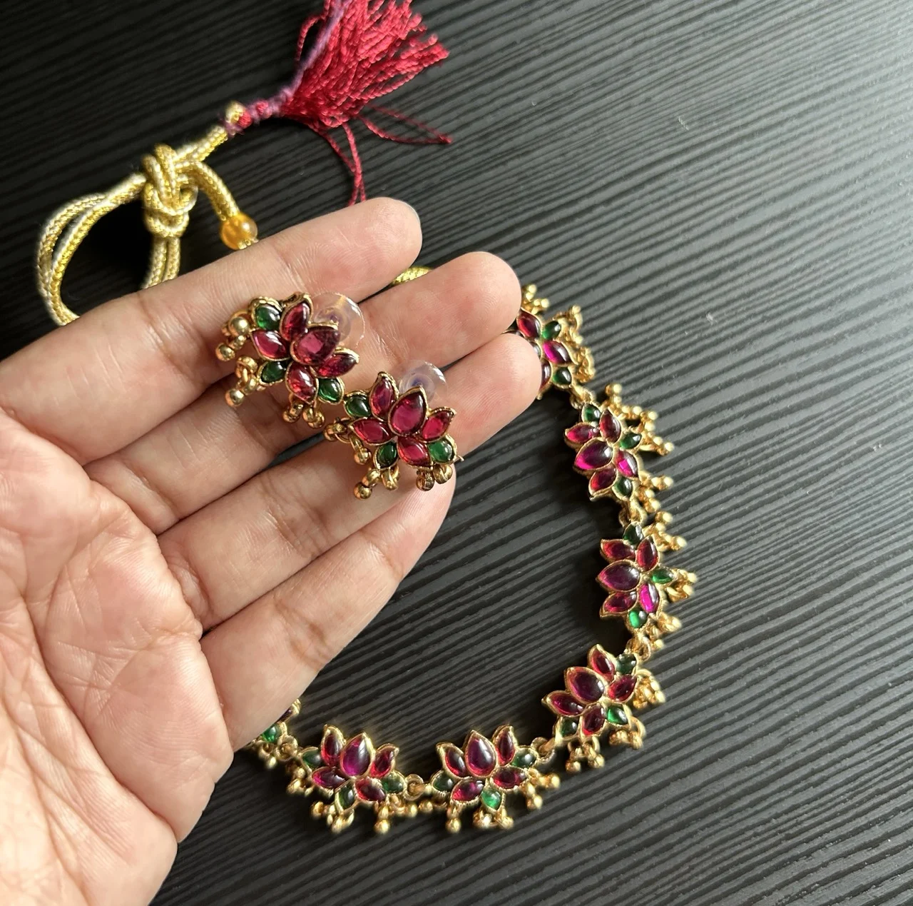 Gold-toned Temple Jewelry Necklace and Earrings Set with Pink and Green Stones
