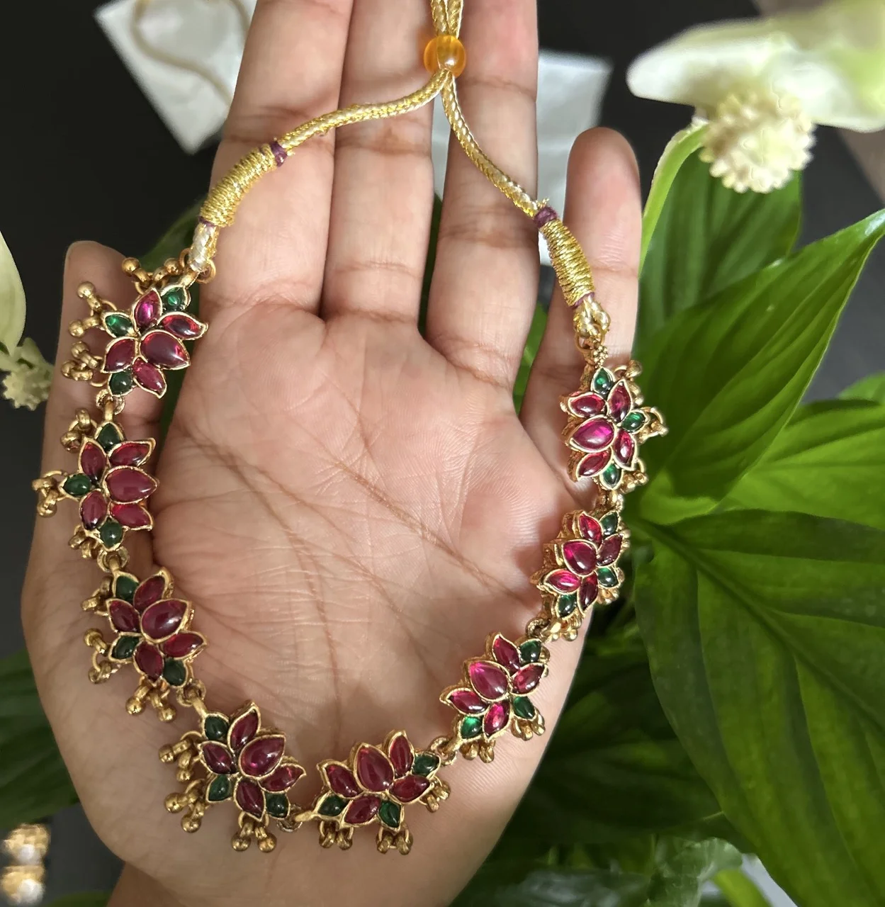Gold-toned Temple Jewelry Necklace and Earrings Set with Pink and Green Stones - Image 2