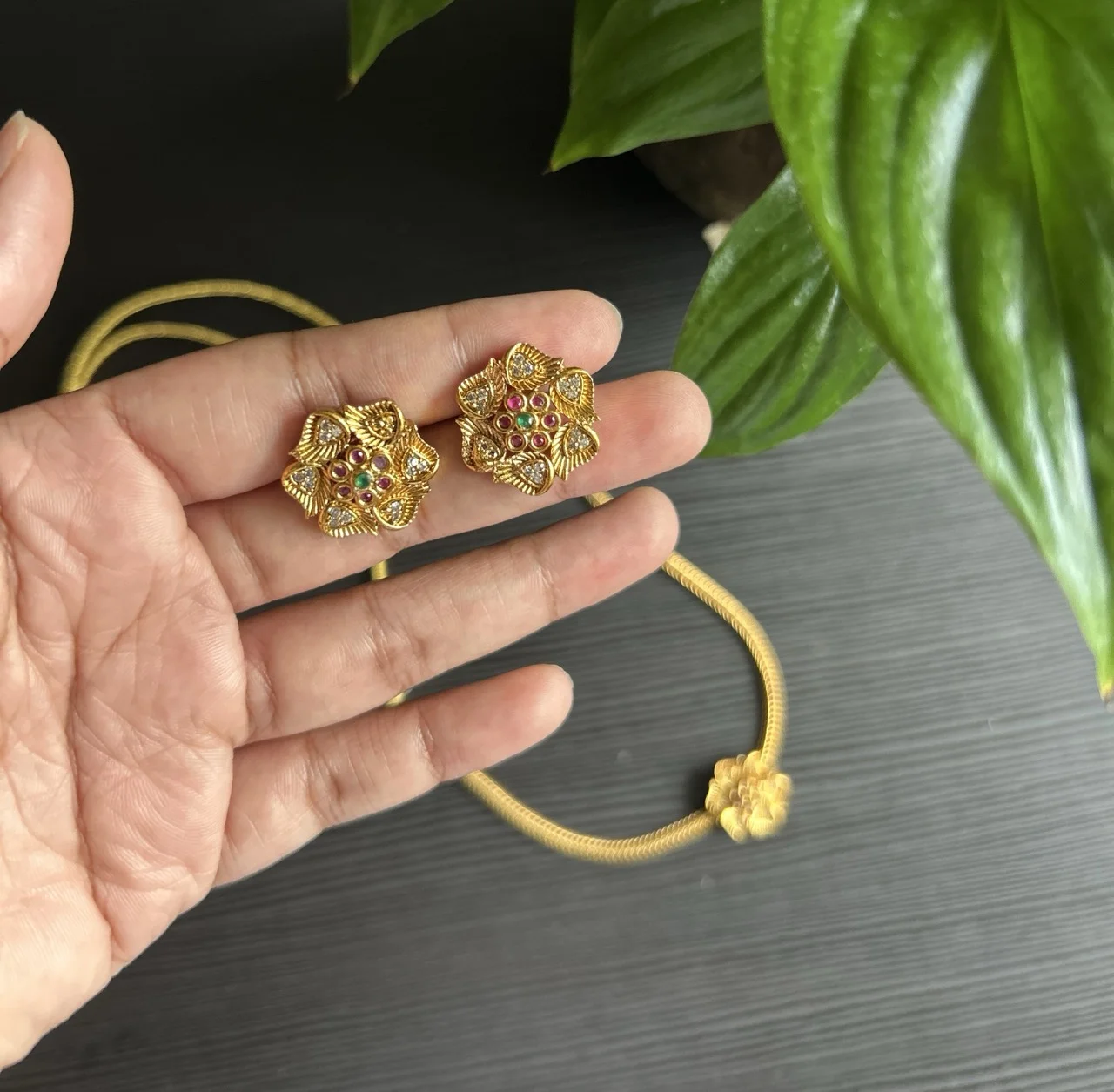 Gold-toned Necklace with Floral Pendant and Matching Stud Earrings