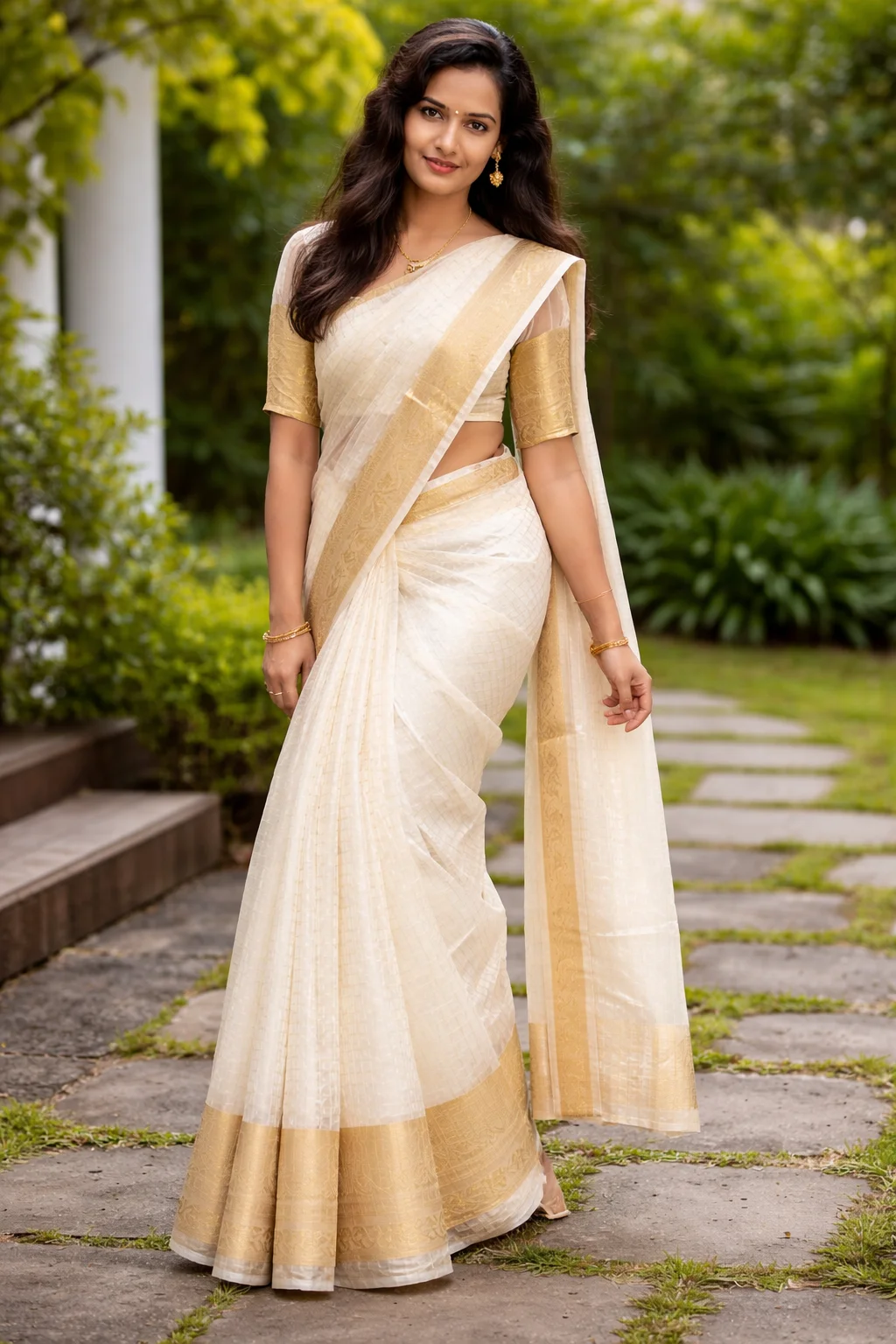 White Kasavu Saree with Gold Border and a Matching Gold Blouse