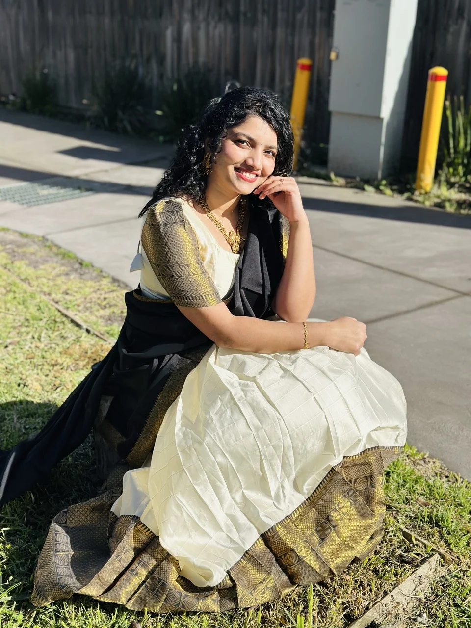 White and Gold Lichi Silk Dhavani Set with Black Dupatta and Gold Brocade Details. - Image 3