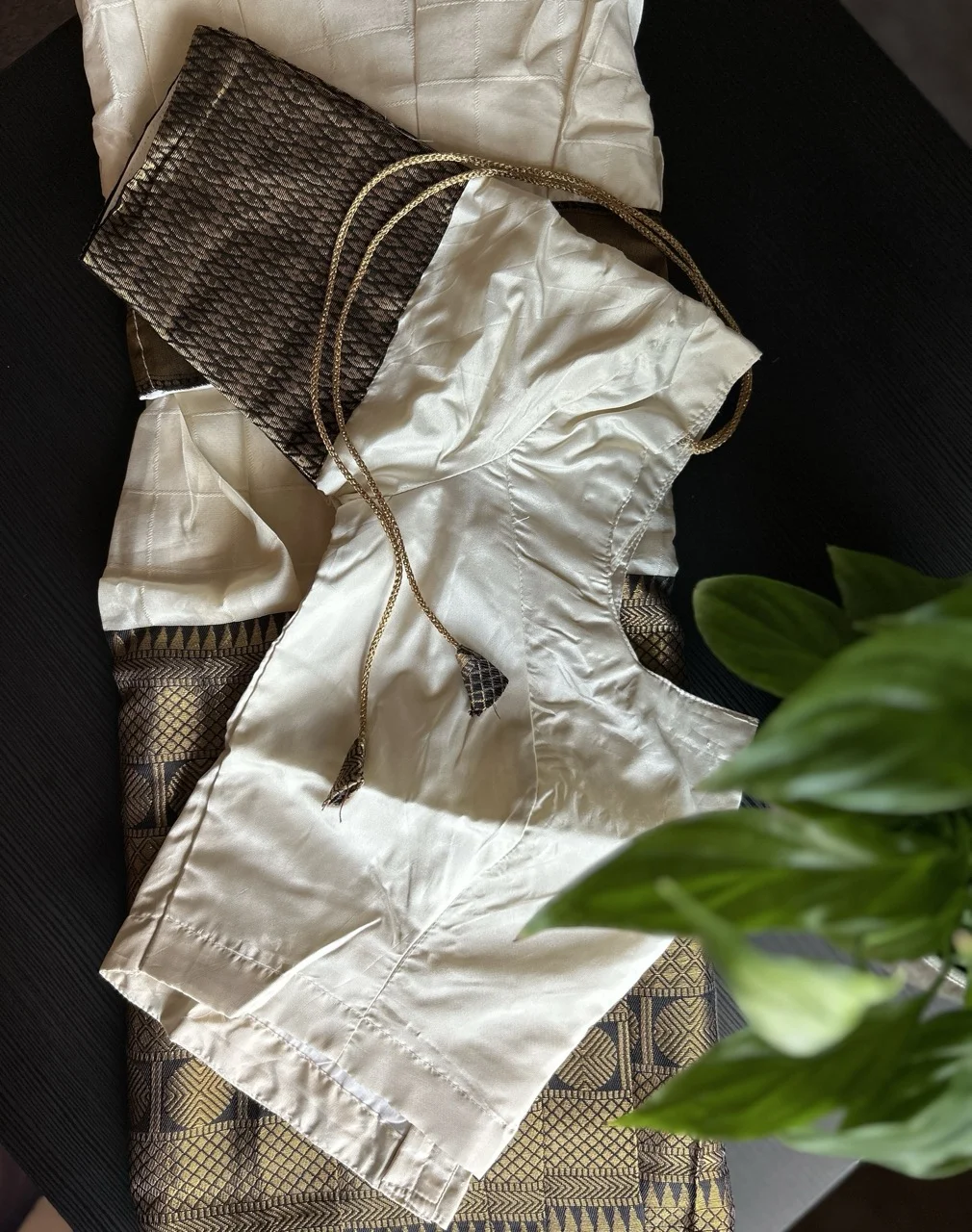 White and Gold Lichi Silk Dhavani Set with Black Dupatta and Gold Brocade Details. - Image 4