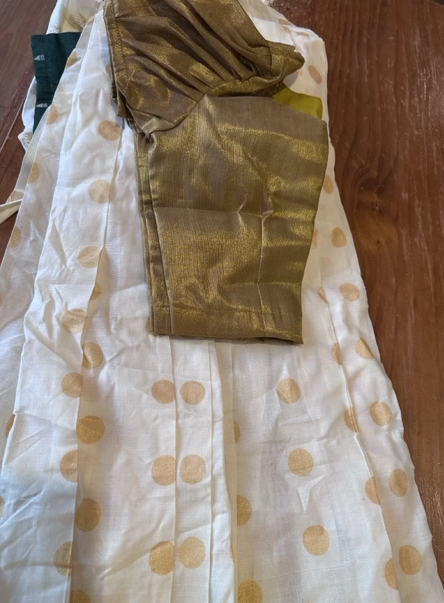  White and Gold Polka Dot skirt and top with Gold Border and Gold Blouse