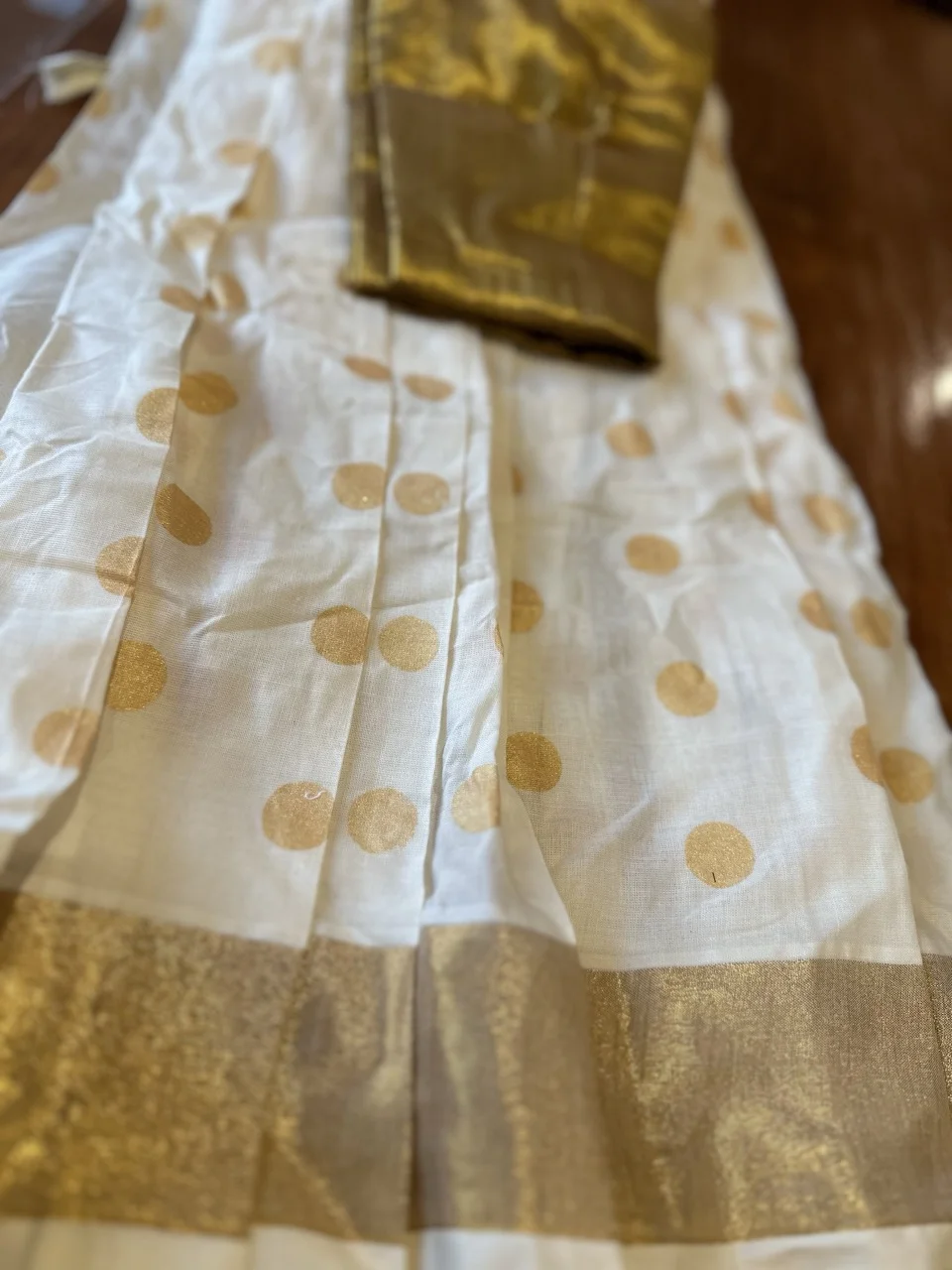  White and Gold Polka Dot skirt and top with Gold Border and Gold Blouse - Image 2