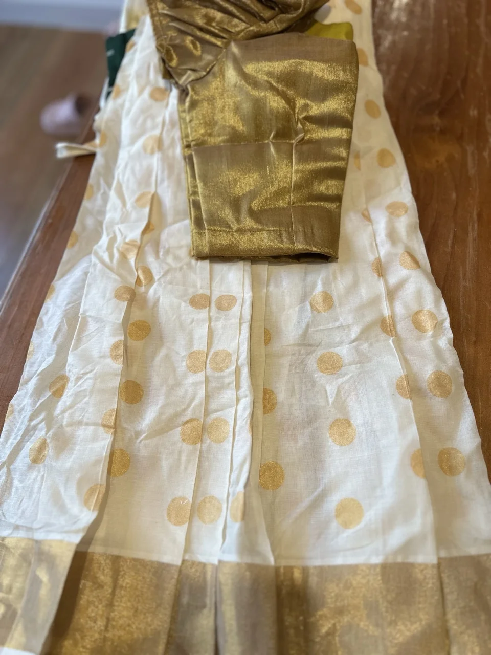  White and Gold Polka Dot skirt and top with Gold Border and Gold Blouse - Image 3