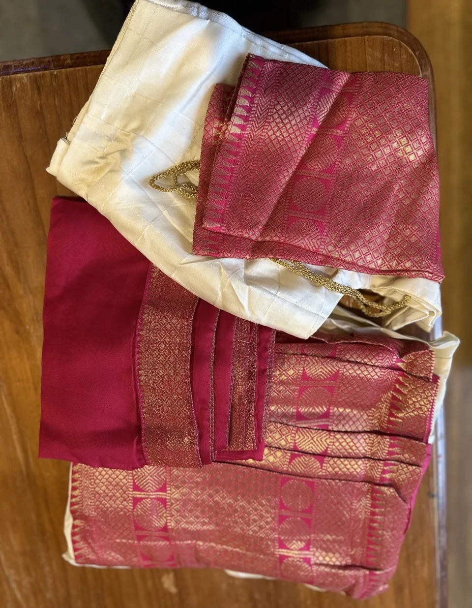  Fuchsia Pink and Gold Brocade Dhavani Set with White Skirt