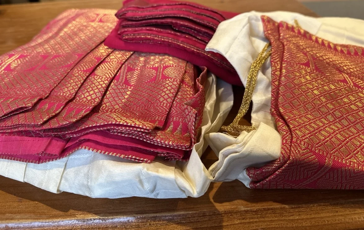  Fuchsia Pink and Gold Brocade Dhavani Set with White Skirt - Image 2