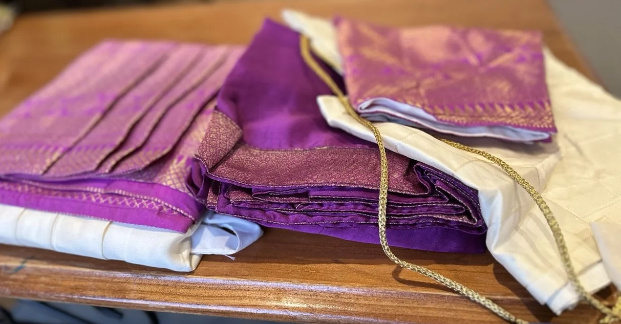 Purple and Gold Brocade Dhavani Set with White Skirt