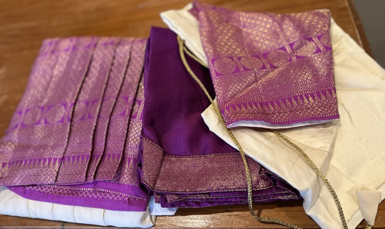 Purple and Gold Brocade Dhavani Set with White Skirt - Image 2