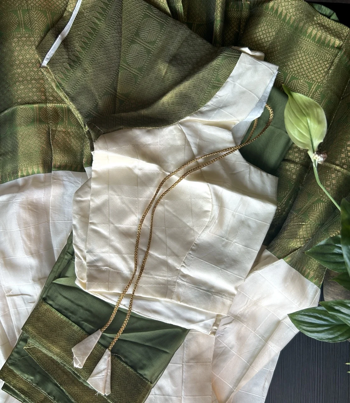  Green and Gold Brocade Dhavani Set with Cream Skirt - Image 2