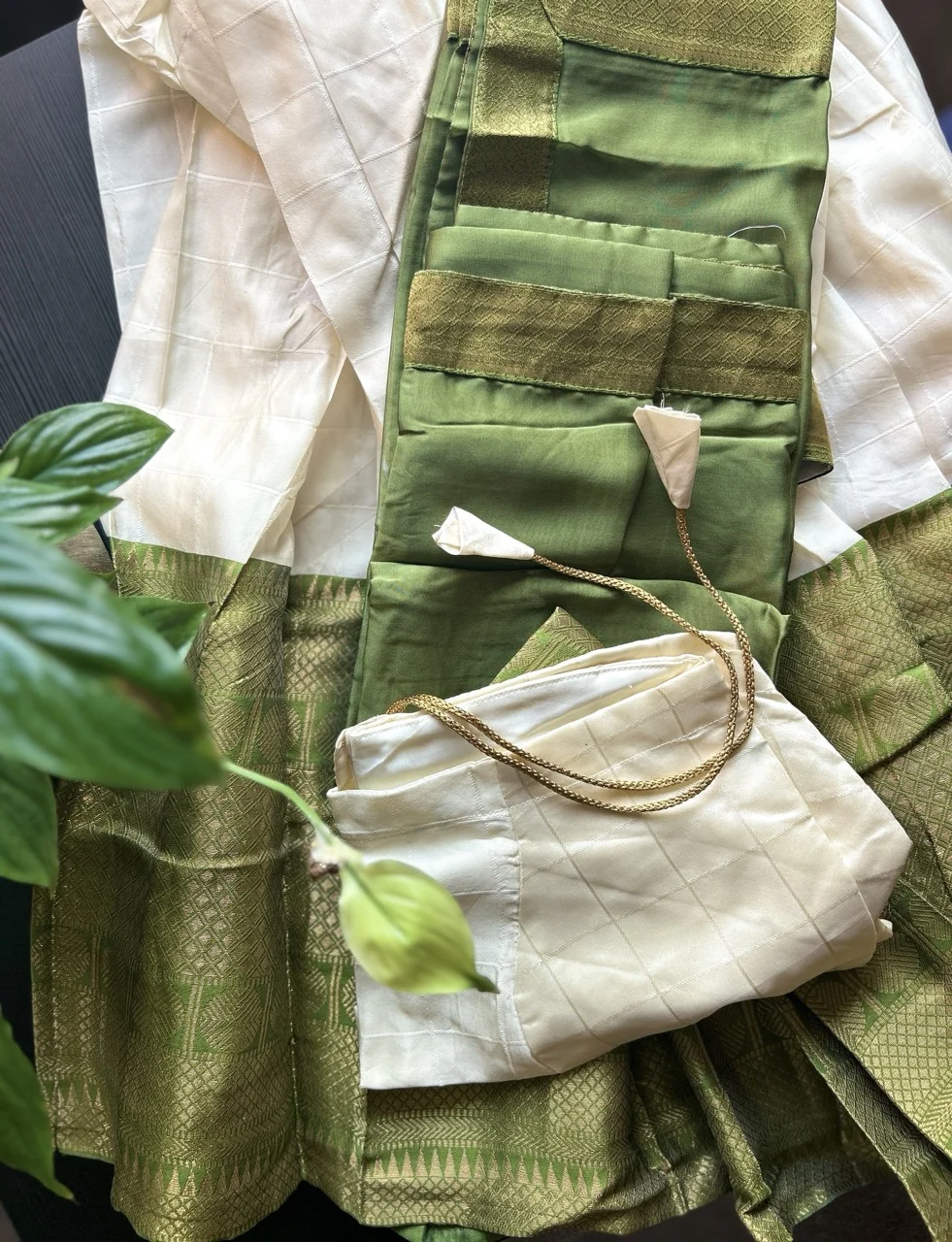  Green and Gold Brocade Dhavani Set with Cream Skirt