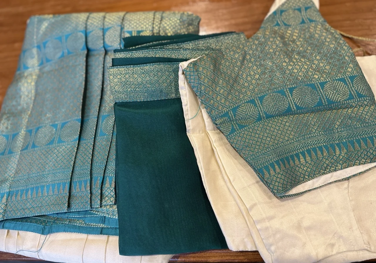  Teal and Gold Brocade Dhavani Set with Cream Skirt - Image 2