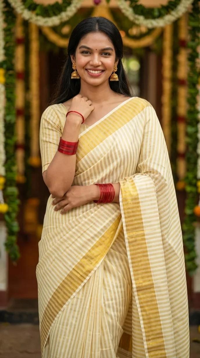 Gold-Striped and Broad Gold-Bordered Single Set Mundu